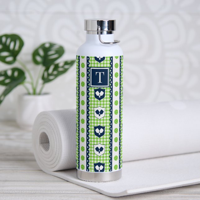 Preppy Pickleball Crest Gingham - Lime & Navy Water Bottle (Yoga)