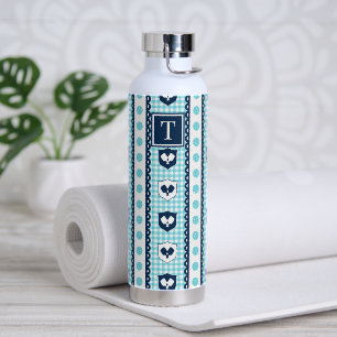 Preppy Pickleball Crest Gingham - Turquoise & Navy Water Bottle