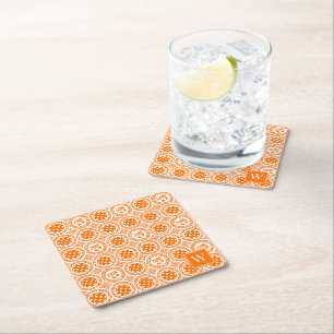 Preppy Pickleball Damask – Orange Dink Motif Square Paper Coaster