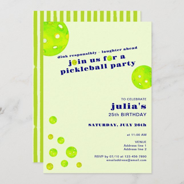 Preppy Pickleball Dink Responsibly Birthday Party Invitation (Front/Back)