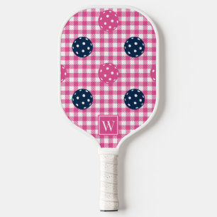 Preppy Pickleball Gingham - Hot Pink Navy Monogram Paddle