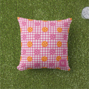 Preppy Pickleball Gingham – Hot Pink & Orange Cushion