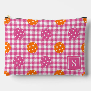 Preppy Pickleball Gingham Hot Pink Orange Monogram Accessory Pouch