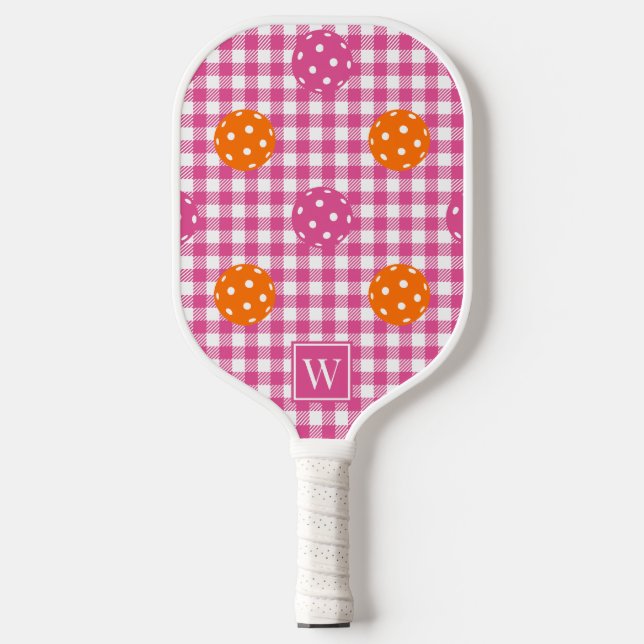 Preppy Pickleball Gingham Hot Pink Orange Monogram Paddle (Front)