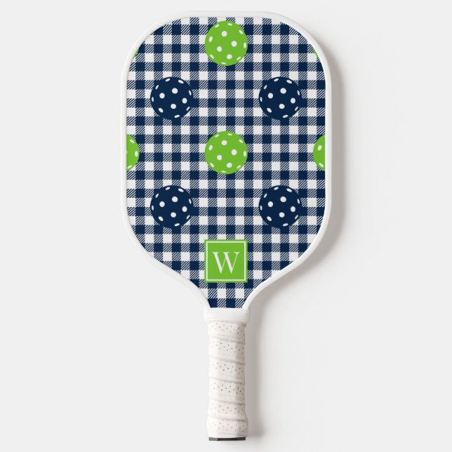 Preppy Pickleball Gingham - Navy & Lime Monogram Paddle (Front)
