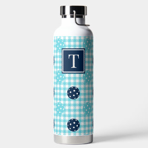 Preppy Pickleball Gingham - Navy & Turquoise Water Bottle