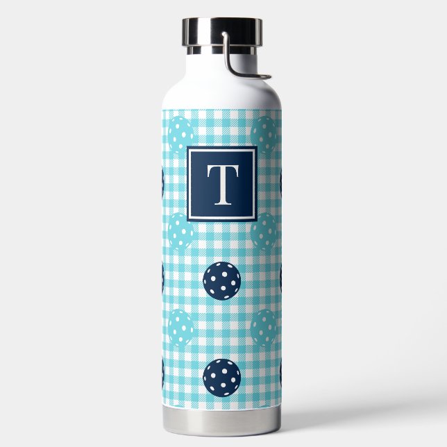 Preppy Pickleball Gingham - Navy & Turquoise Water Bottle (Left)