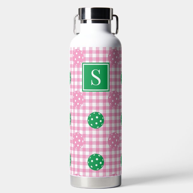 Preppy Pickleball Gingham - Pink & Green Water Bottle (Front)