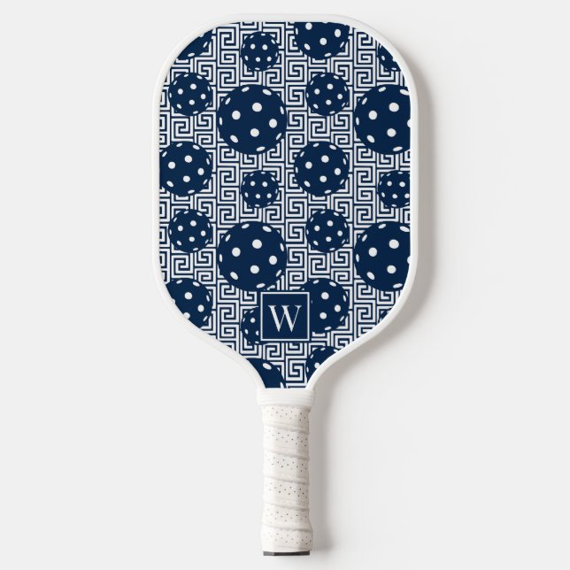 Preppy Pickleball Greek Key - Navy Monogram Paddle (Front)