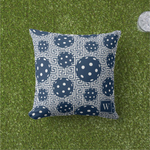 Preppy Pickleball Greek Key – Navy & White Cushion