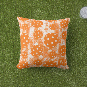 Preppy Pickleball Greek Key – Orange & White Cushion