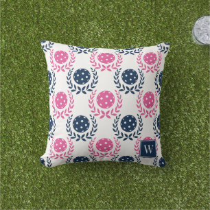 Preppy Pickleball Laurel Wreath –Navy & Hot Pink Cushion