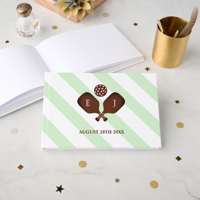 Preppy Pickleball Stripes Wedding Guest Book (Front Open)