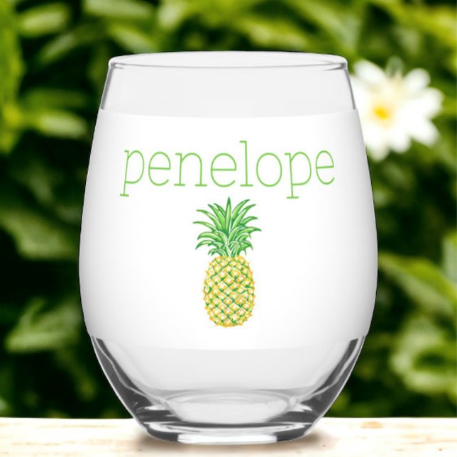 Preppy Pineaaple Stars Green Yellow Personalised  Stemless Wine Glass (Creator Uploaded)
