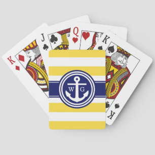 Preppy Pineapple Stripe Anchor Monogram Navy Blue Playing Cards