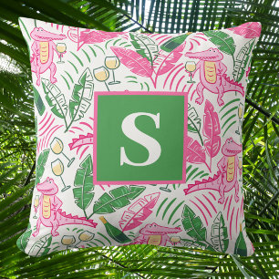 Preppy Pink Alligator Monogram / Wine Palm Leaves  Cushion