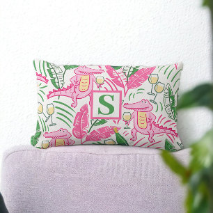 Preppy Pink Alligator & Wine Pattern Monogram Lumbar Cushion