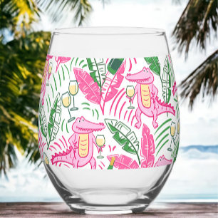Preppy Pink Alligator Wine  Stemless Wine Glass