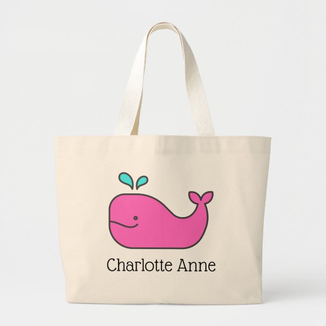Preppy Pink and Aqua Whale Personalised Large Tote Bag (Front)