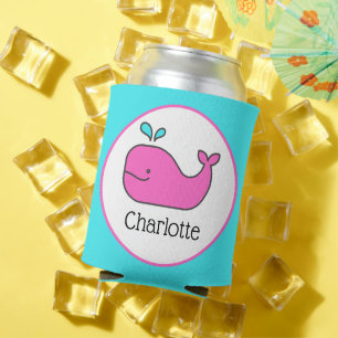 Preppy Pink and Aqua Whale Personalized Can Cooler
