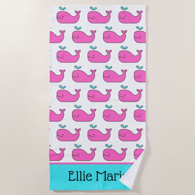 Preppy Pink and Aqua Whales Personalised Beach Towel (Front)