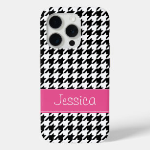 Preppy Pink and Black Houndstooth Personalised iPhone 15 Pro Case