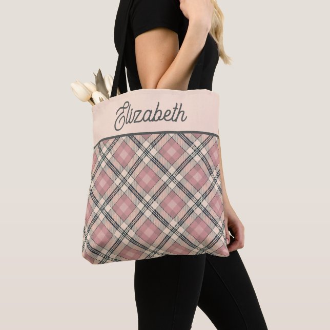 Preppy Pink and Black Plaid Tote Bag (Close Up)