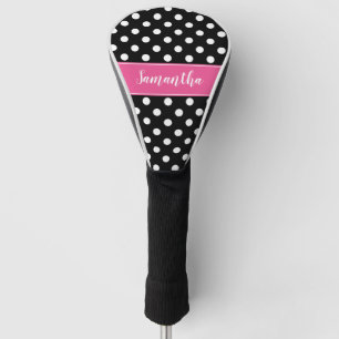 Preppy Pink and Black Polka Dots Personalized Golf Head Cover