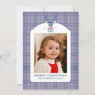 Preppy Pink and Blue Plaid Chinoiserie Christmas Holiday Card