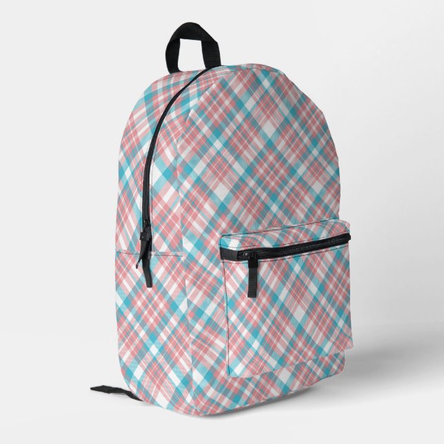 Preppy Pink and Blue Plaid Printed Backpack (Back Corner Left)