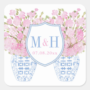 Preppy Pink And Blue Wedding Monogram Crest Square Sticker