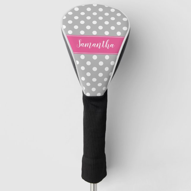 Preppy Pink and Gray Polka Dots Personalized Golf Head Cover (Front)