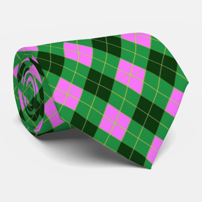 Preppy Pink and Green Argyle Tie (Rolled)