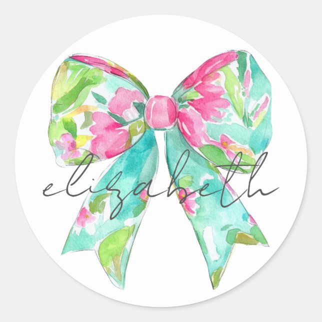 Preppy Pink and Green Bow Personalised Classic Round Sticker (Front)
