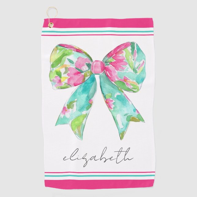 Preppy Pink and Green Bow Personalised Golf Towel (Front)