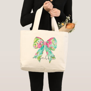 Preppy Pink and Green Bow Personalised Large Tote Bag