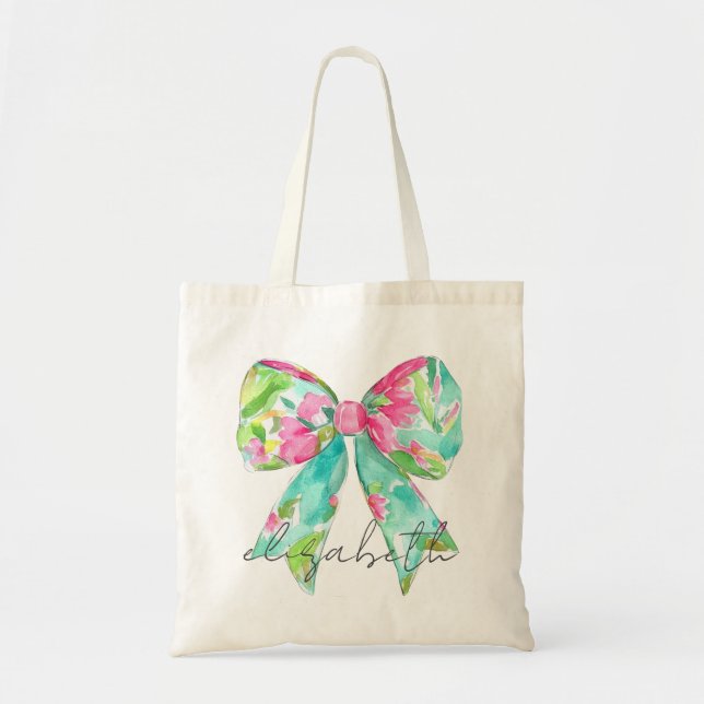 Preppy Pink and Green Bow Personalised Tote Bag (Front)