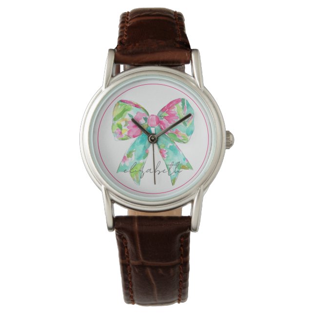 Preppy Pink and Green Bow Personalised Watch (Front)