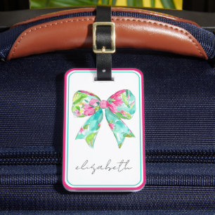 Preppy Pink and Green Bow Personalized Travel Luggage Tag