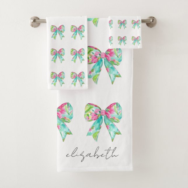 Preppy Pink and Green Bows Personalised Bath Towel Set (Insitu)