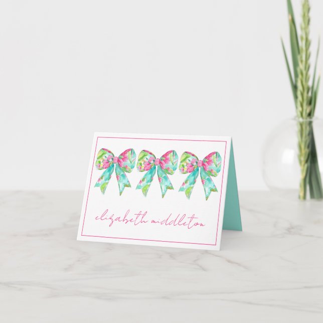Preppy Pink and Green Bows Personalised Note Card (Front)