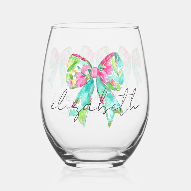 Preppy Pink and Green Bows Personalised Stemless Wine Glass (Front)