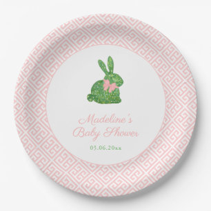 Preppy Pink And Green Bunny Baby Shower Party Paper Plate