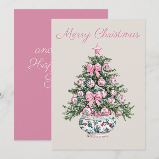 Preppy Pink and Green Chinoiserie Christmas Tree Holiday Card (Front/Back)