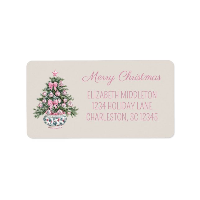 Preppy Pink and Green Chinoiserie Christmas Tree Label (Front)