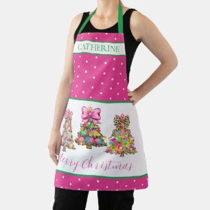 Preppy Pink and Green Christmas Trees Apron