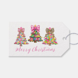 Preppy Pink and Green Christmas Trees Gift Tags