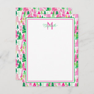 Preppy Pink and Green Christmas Trees Monogram Card