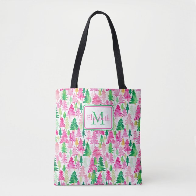 Preppy Pink and Green Christmas Trees Monogram Tote Bag (Front)