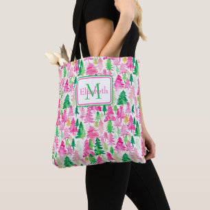 Preppy Pink and Green Christmas Trees Monogram Tote Bag
